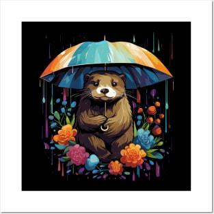 Otter Rainy Day With Umbrella Posters and Art